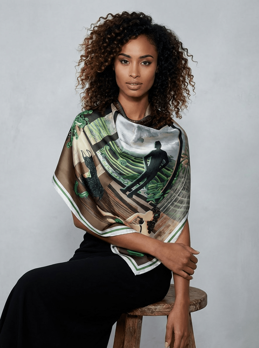 Storm Coming scarf – styled on a model (visualisation)