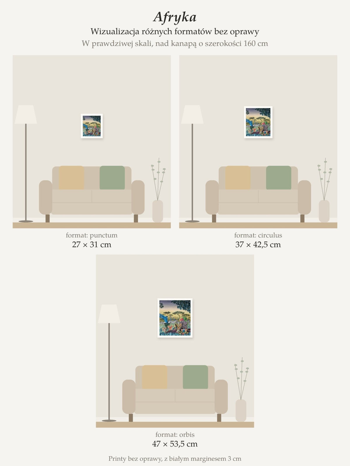 Africa – collector's print by Kasia Laskowska, unframed, all sizes to scale above a 160 cm sofa