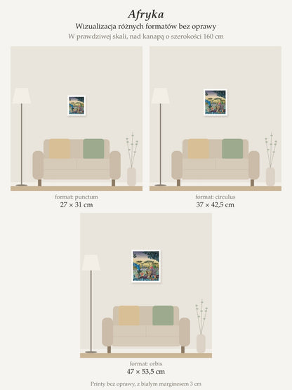 Africa – collector's print by Kasia Laskowska, unframed, all sizes to scale above a 160 cm sofa