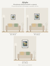 Africa – collector's print by Kasia Laskowska, framed with a mat, all sizes to scale above a 160 cm sofa