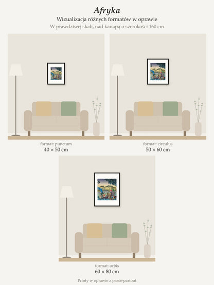 Africa – collector's print by Kasia Laskowska, framed with a mat, all sizes to scale above a 160 cm sofa