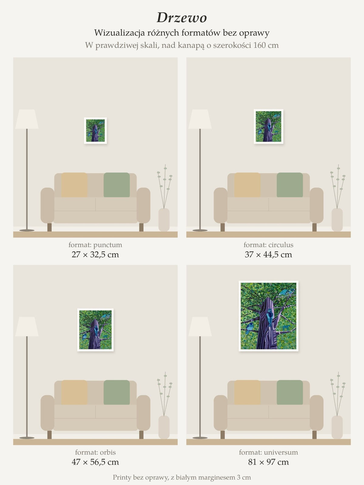 Tree – collector's print by Kasia Laskowska, unframed, all sizes to scale above a 160 cm sofa