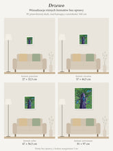 Tree – collector's print by Kasia Laskowska, unframed, all sizes to scale above a 160 cm sofa