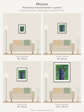Tree – collector's print by Kasia Laskowska, framed with a mat, all sizes to scale above a 160 cm sofa
