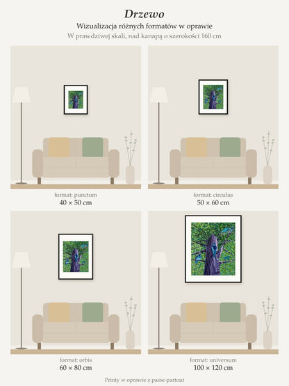 Tree – collector's print by Kasia Laskowska, framed with a mat, all sizes to scale above a 160 cm sofa