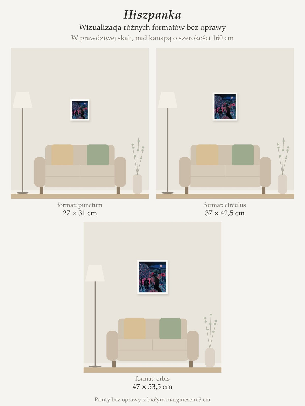 Spanish Woman – collector's print by Kasia Laskowska, unframed, all sizes to scale above a 160 cm sofa
