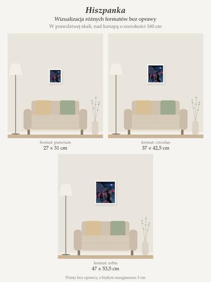 Spanish Woman – collector's print by Kasia Laskowska, unframed, all sizes to scale above a 160 cm sofa