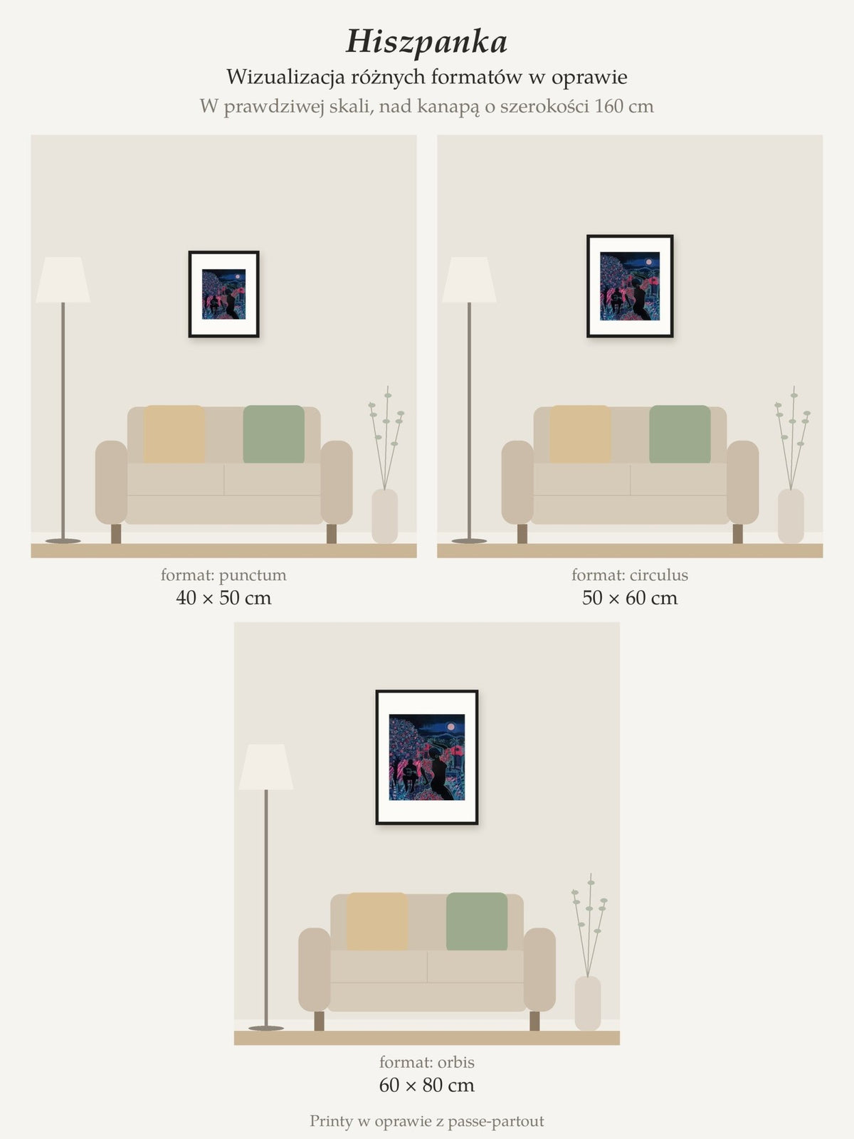 Spanish Woman – collector's print by Kasia Laskowska, framed with a mat, all sizes to scale above a 160 cm sofa