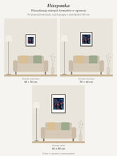 Spanish Woman – collector's print by Kasia Laskowska, framed with a mat, all sizes to scale above a 160 cm sofa