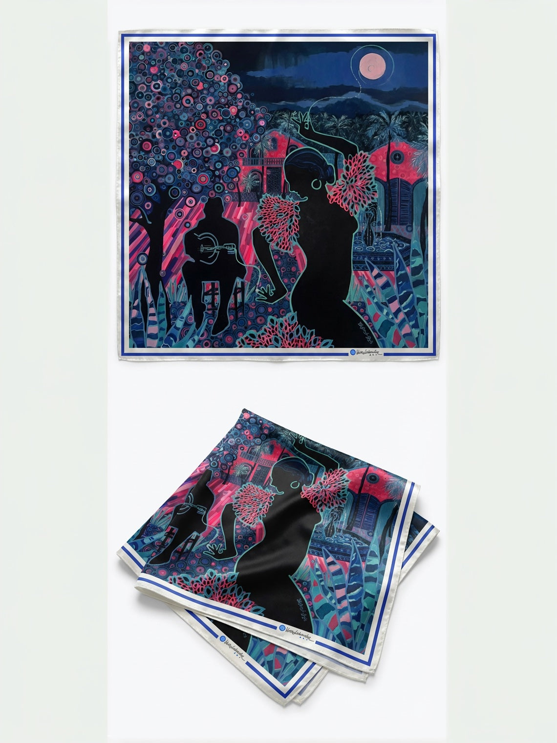Spanish Woman scarf – laid flat and folded, with the hand-painted circles visible up close