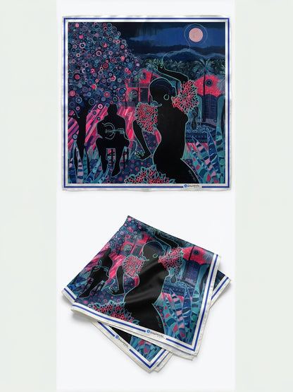 Spanish Woman scarf – laid flat and folded, with the hand-painted circles visible up close