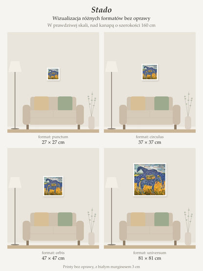 Herd – collector's print by Kasia Laskowska, unframed, all sizes to scale above a 160 cm sofa