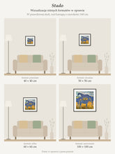 Herd – collector's print by Kasia Laskowska, framed with a mat, all sizes to scale above a 160 cm sofa