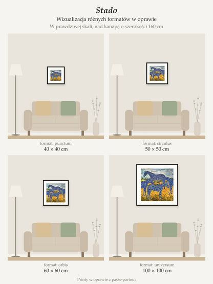 Herd – collector's print by Kasia Laskowska, framed with a mat, all sizes to scale above a 160 cm sofa